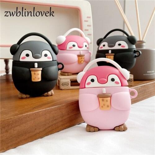 Cartoon headphone box for airpods 3D music cute milk tea penguin protect cover for airpods 2 soft silicone earphone cases