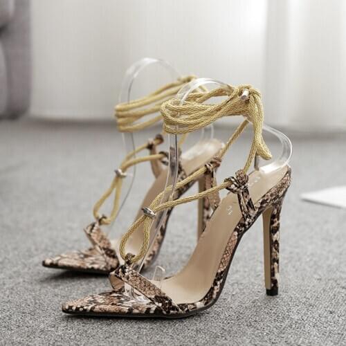 2019 large size Europe and the United States new pointed cross straps snake pattern sexy thin high heel women sandals