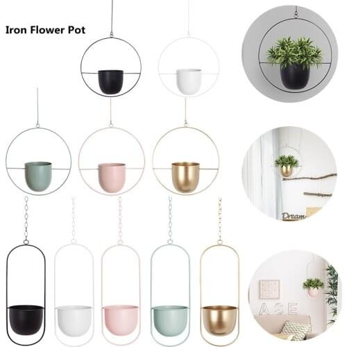 Nordic Style Hanging Metal Iron Plant Flower Pots Garden Balcony Succulent Chain Hanger Swinging Flower Basket Decorative Holder