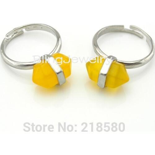 H-R03 Healing Stone Terminated Yellow Jades Ring Silver Adjustable Ring