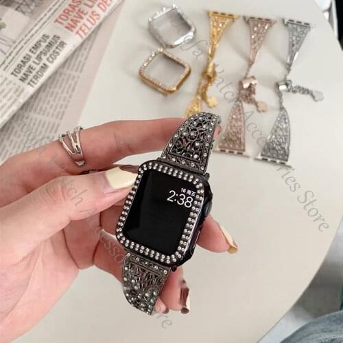 Luxury Diamond Bracelet+Case for Apple Watch Band 44mm 42mm iwatch SE 6 5 4 3 2 1 38mm 40mm Stainless Steel Loop Wrist Strap