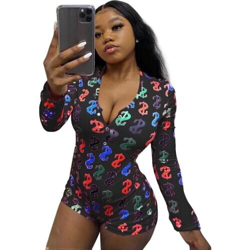 Sexy Money Dollar Print Night Party Club Jumpsuit Women Button Long Sleeve Romper Playsuit Outfit Overalls