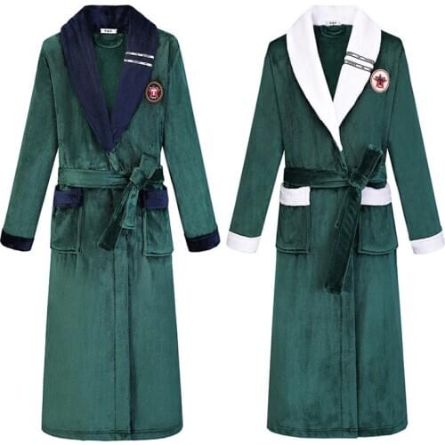 Dark Green High-quality Couple Bathrobe Flannel Pajamas For Women Men Casual Pijamas Nightwear Lounge Sleepwear халат женский