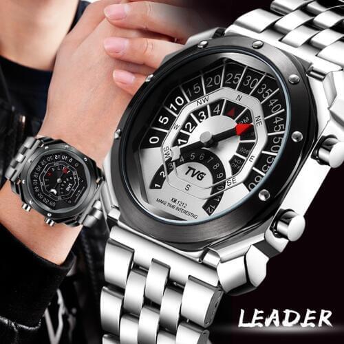 TVG Men Sports Watches Fashion Square Watches Men Compass Hiking Mountaineering Watch Full Steel Waterproof LED Watches