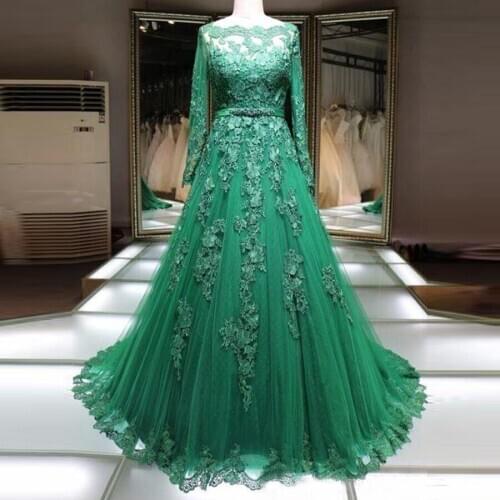 Green Scoop Neckline Applique Lace Beads Evening Dresses With Long Sleeve Belt Decoration Formal Evening Gowns