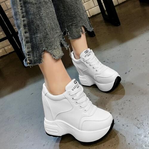 Womens Ankle Boots 2021 Autumn PU Leather Shoes Woman Platform Height Increased Sneakers 10 CM Thick Sole Wedges White Boots