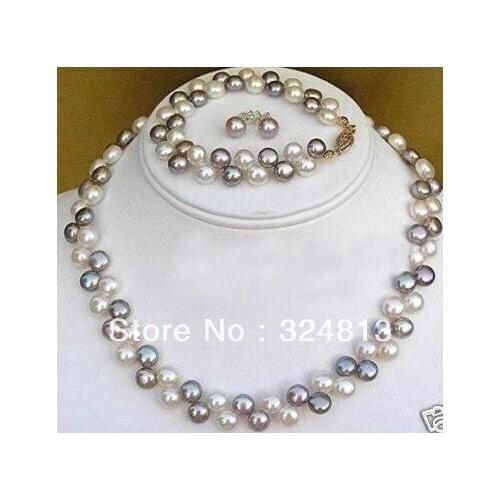Womens Wedding 2 rows 7-8MM Black White pearl necklace bracelet earrings --jewelry real jewelry earringsnoble ladys