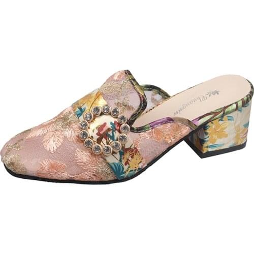 New 2021 Women Block Heels 4CM Slippers Print Floral Crystal Mules Talons Feminino Ladies Square Toe Mesh Chaussure Shoes