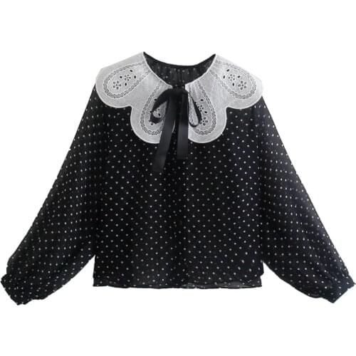 Za Women Dot Printing Long Sleeve Doll Collar Shirt Fashion Ladies Loose Autumn Vintage Girls Chic Chiffon Perspective Pullover
