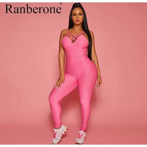 Ranberone 2020 Jumpsuit Women Honeycomb Pattern Scrunched Butt Lifting Hip Pockets Gym Leggings Back Cross Hollow Womenswear