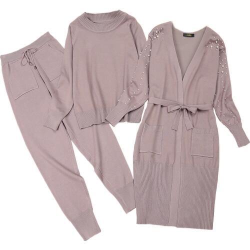 Amolapha Woman Knit Sweaters+Pearls Long Overcoats+Pants 3PCS Sets Long Sleeve Elegant Woman Jumpers Cardigans Trousers Suits