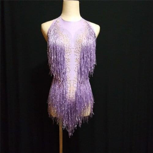 S62 Ballroom dj Purple Tassels Crystal Bodysuit Sexy Backless Big Stretch Bodysuits Nightclub Women DJ Singer Catwalk Performan
