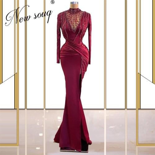 Burgundy Mermaid Evening Gowns 2021 Gorgeous Handmade Crystals Beaded Party Dress Robe De Soiree Saudi Arabia Prom Dresses Dubai