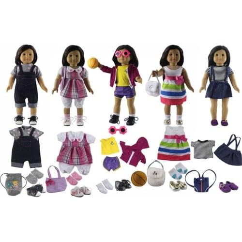 20 items=5 PCS Doll Clothes+4 pairs of Socks+5 pairs of Shoes+4 Bag+1 pairs of Glasses+1 Ball for 18 inch American Doll S06