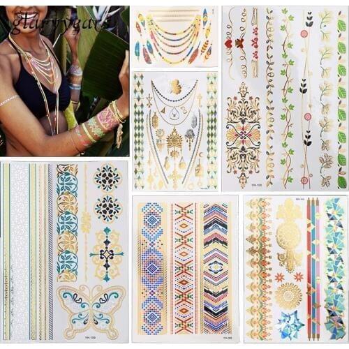 6 Pieces Temporary Flash Gold Metallic Tattoo Female Body Art Sticker Flower Butterfly Design Bracelet Chain Choker Tattoo Decal