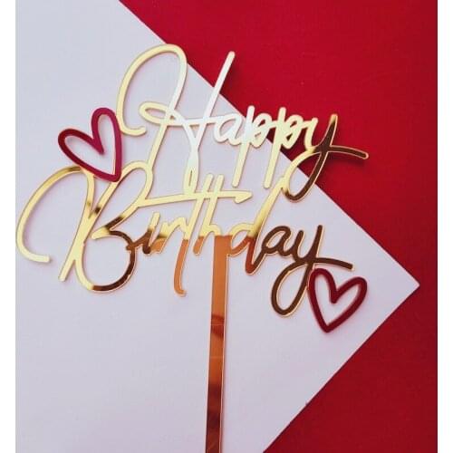 Acrylic Double Layer Happy Art Font Red Small Love Heart Cake Topper Birthday Party Dessert Decoration for Baby Shower Supplies