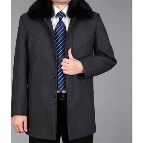 Plus velvet woolen coat men thicken Mid-length trench coats middle-aged overcoat mens cashmere fur collar autumn winter B396