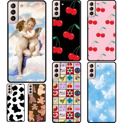 Lucky Butterfly Sky Bear-y Cute Cowhide Phone Case For Samsung Galaxy S21 S20 Ultra Note 20 Note 10 S8 S9 S10 Plus S20 FE Cover