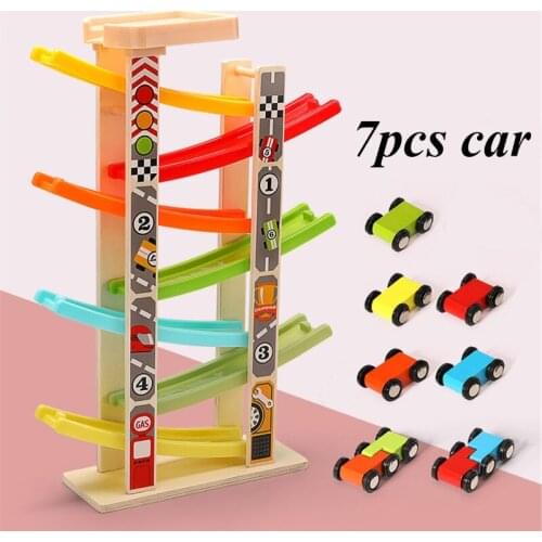 Wooden Train 7-Layer Race Track & 8 Mini Inertia Race Car Sliding Toy Vehical &Train Baby Toddler Motor for Baby Car 69HE
