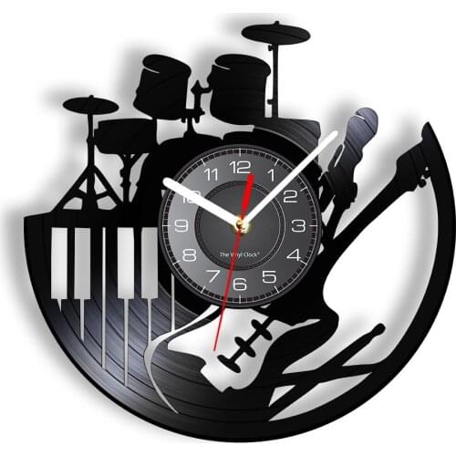 Electric Guitar Drum Rack Set Vinyl Record Wall Clock Band Music Musical Intrument Room Sign Retro CD Disc Rock n Roll Gift