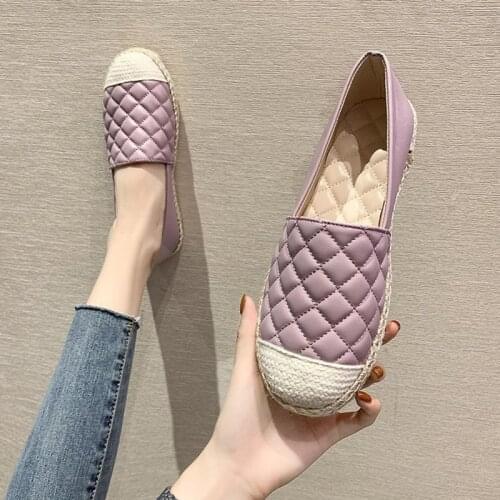 Elegant purple color flat shoes hemp knitting espadrilles women round toe sewing plaid loafers female moccasins slip on shoes