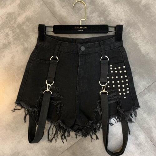 2021 Summer Autumn New Beading Shoulder Strap Trend Female Black Denim Shorts