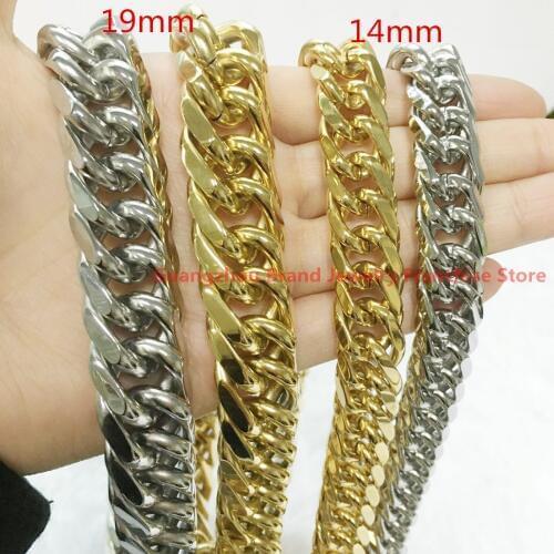 14/19mm 316L Stainless Steel High Polishing 7-40" Mens Silver /Gold color Curb Cuban Chain Necklace