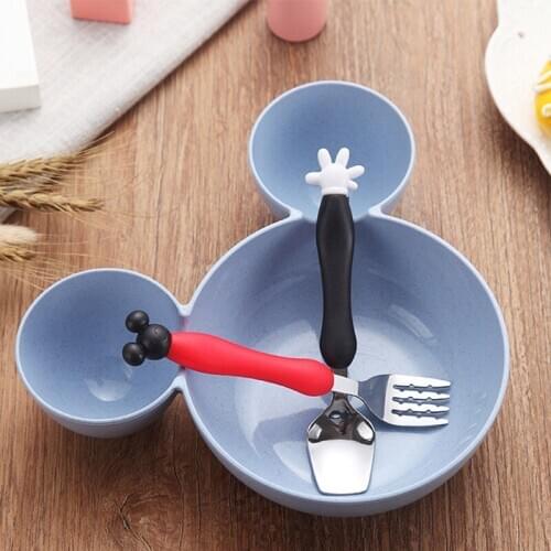 3Pcs/set Wheat Straw Tableware for Baby Feeding Mickey Dishes Infant Bowl and Spoon Fork Dinnerware Set