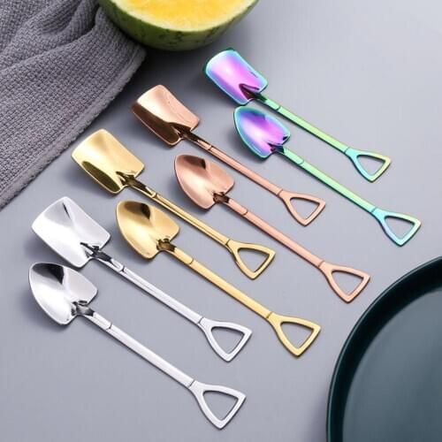 Purpose with Hook Cusp/Square Iron Shovel Spoon 3Colors 304 Stainless Steel Coffee Ice Cream Spoon Retro Style kitchen tool