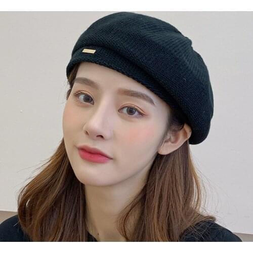 New Women Autumn and Winter Knitted Solid Color Beret Korean Fashion Warm Painter Hat Adjustable Hats