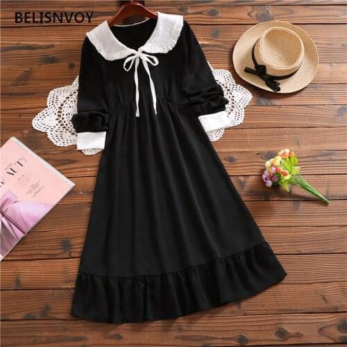 2021 Autumn Spring Women Black Midi Dress Sailor Collar Preppy Style Ribbon French Elegant Dress Ruffles Loose Sweet Cute Dress