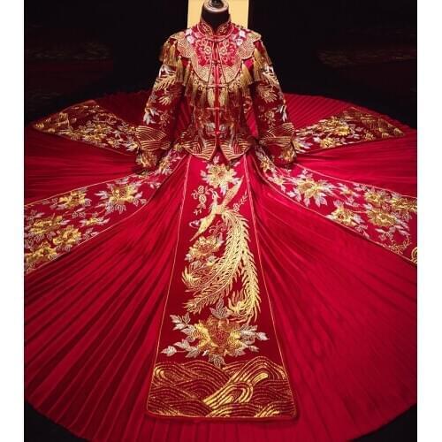 Chinese Traditional Wedding Bridal Stylish Long Cheongsam Dress Elegant Bride Dragon Phoenix Vintage китайская одежда