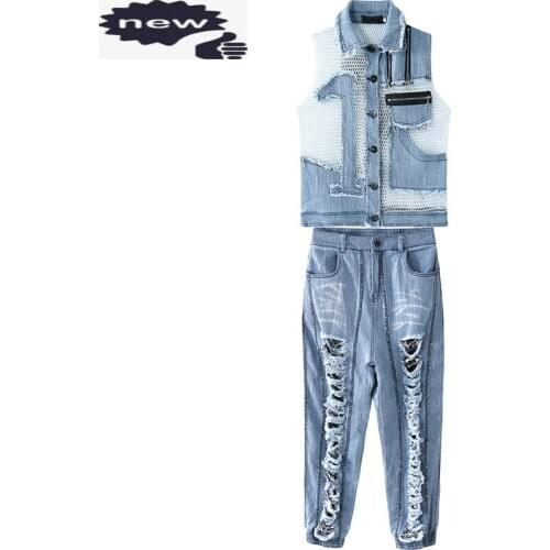 Streetwear Summer Casual Matching Set Outfit Women Splice Mesh Hollow Out Sleeveless Denim Vest Hole Ripped Loose Harem Jeans