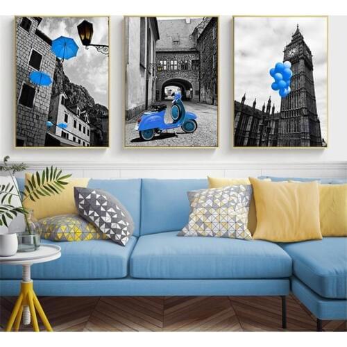 European City Landscape Posters Nordic Canvas Painting Wall Art Print Blue Decor Balloon Umbrella Scenery Picture for Home Decor