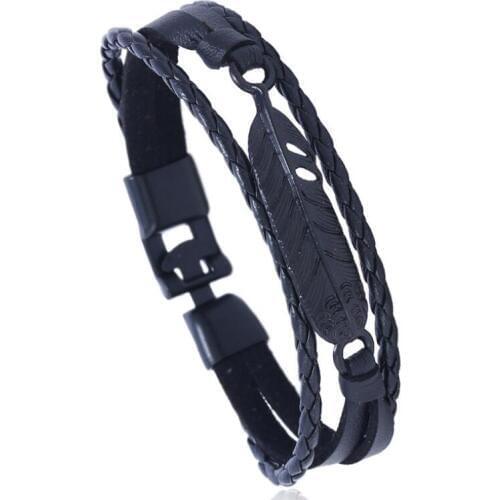 Vintage Men Buckle Charms Bracelet Black Feather Woven Leather Wax Cords Bangle Wristbands Retro Fashion Handmade Women Jewelry