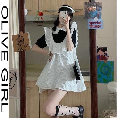 Japanese Cute Peter Pan Collar Puff Sleeve Lace Shirt Vintage Jacquard Ruffles Sling Dress Sweety Soft Girl Suit Two-piece Suit