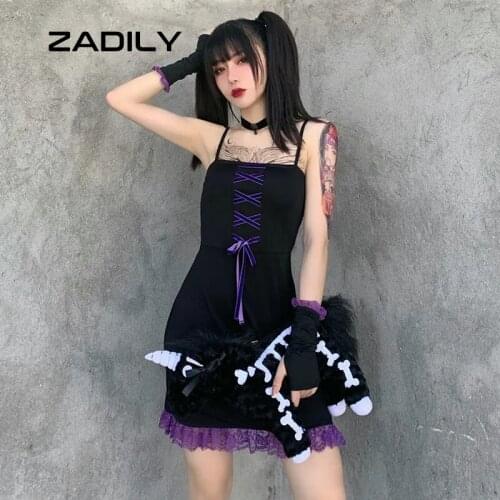 Zadily Gothic Style Spaghetti Strap Bodycon Mini Dress Lace Women 2021 Summer Sexy Black Backless Party Dresses Clothing