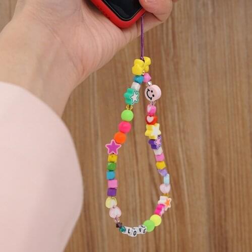 Colorful Acrylic Bead Anti-lost Chain Soft Pottery Cartoon Smile Star Mobile Phone Strap Cord for Women Phone Lanyard Chain