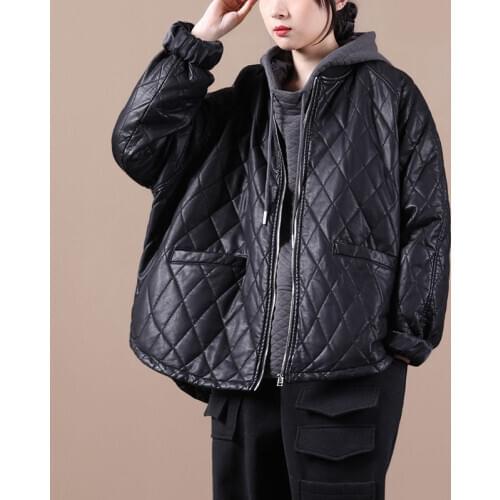 Simple Leisure Winter Clothes For Women New Loose Large Size Hem Slit Zipper Thickened Rhombic Leather Coat Short Jacket y694