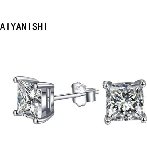 AIYANISHI 925 Sterling Silver Stud Earring Solitaire Princess Cut Silver Stud Earrings for Women Wedding Engagement Party Gifts