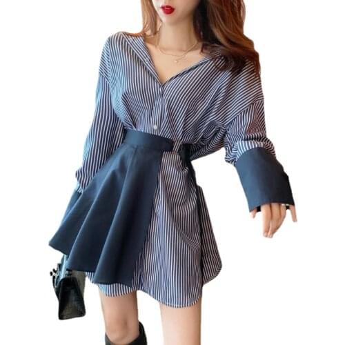 Women 2 Pieces Striped Dress Sets Fashion V Neck Long Shirt Dress&waistcoat Mini Dress Suits Two Piece Chic Skirts Suits Outfits