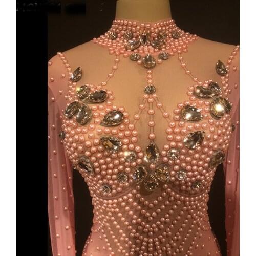 Women Sexy Stage Pink Color Jumpsuit Pink Glass Sparkling Crystals Bodysuit Nightclub Party Stage Wear Performance Costumes