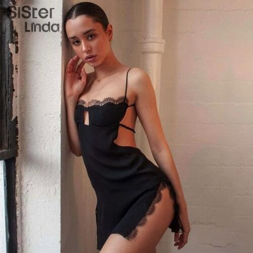 Fashion Summer Sexy Hollow Black Halter Lace Up Sling Dress Women Sleeveless Casual Street Party Clothing Lady Mini Dresses 2021