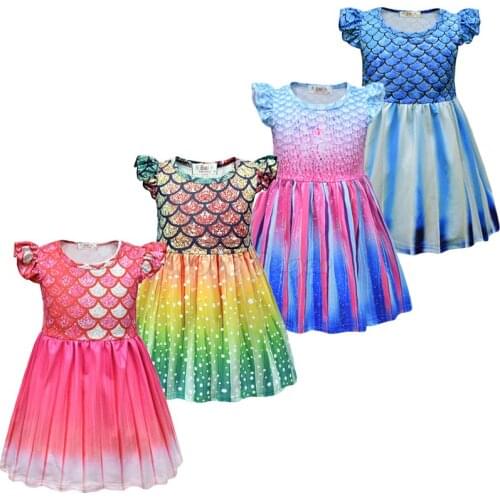 1pcs Kids Girls Cosplay Mermaid Fish Scale Colorful Printed Dress Summer Cute Flying Sleeve Children Dresses 2-8 Y C27M255