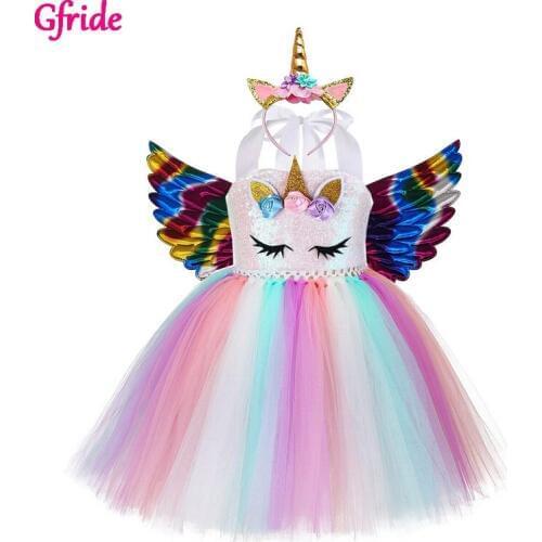 Girls Unicorn Costumes Kids Pony Dress With Headband For Birthday Tutu Dresses Sequin Clothing Kids Christmas Party Vestido 2-8T