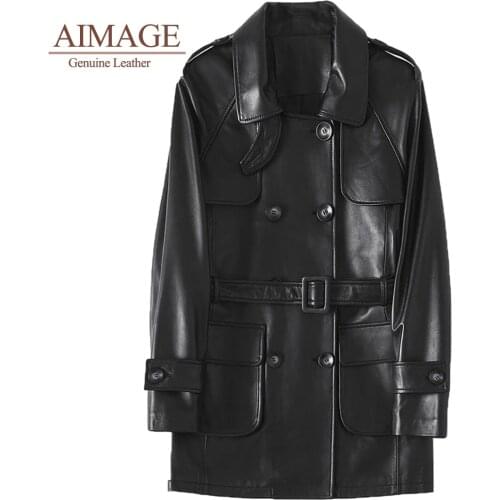 Women genuine leather jacket double button fantastic Leather turn collar thin windbreaker slim lady sashes street clothes PY014