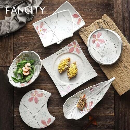 FANCITY Japanese hand-painted Japanese style personality creative cherry blossom plate irregular ceramic dish special dish speci