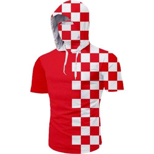 UJWI Red White Lattice Mask Hooded Tshirt Summer Ninja Gothic Funny Print 3D Regular Leisure Oversized Clothes Shirts Wholesale