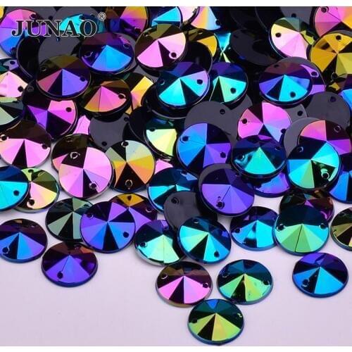 JUNAO 10mm 500pcs Sew On Rhinestone Black AB Crystals Flat Back Strass Acrylic Gems Sewing Crystal Stones Round Rivoli Beads