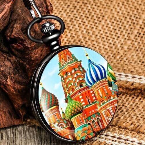 Classic Russian Building Colorful Printed Quartz Pocket Watch Retro Pendant Fob Clock Antique Clock Gifts Men Women